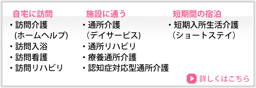 自宅に訪問・訪問介護（ホームヘルプ）・訪問入浴・訪問看護・訪問リハビリ　施設に通う・通所介護（デイサービス）・通所リハビリ・療養通所介護・認知症対応型通所介護　短期間の宿泊・短期入所生活介護（ショートステイ）